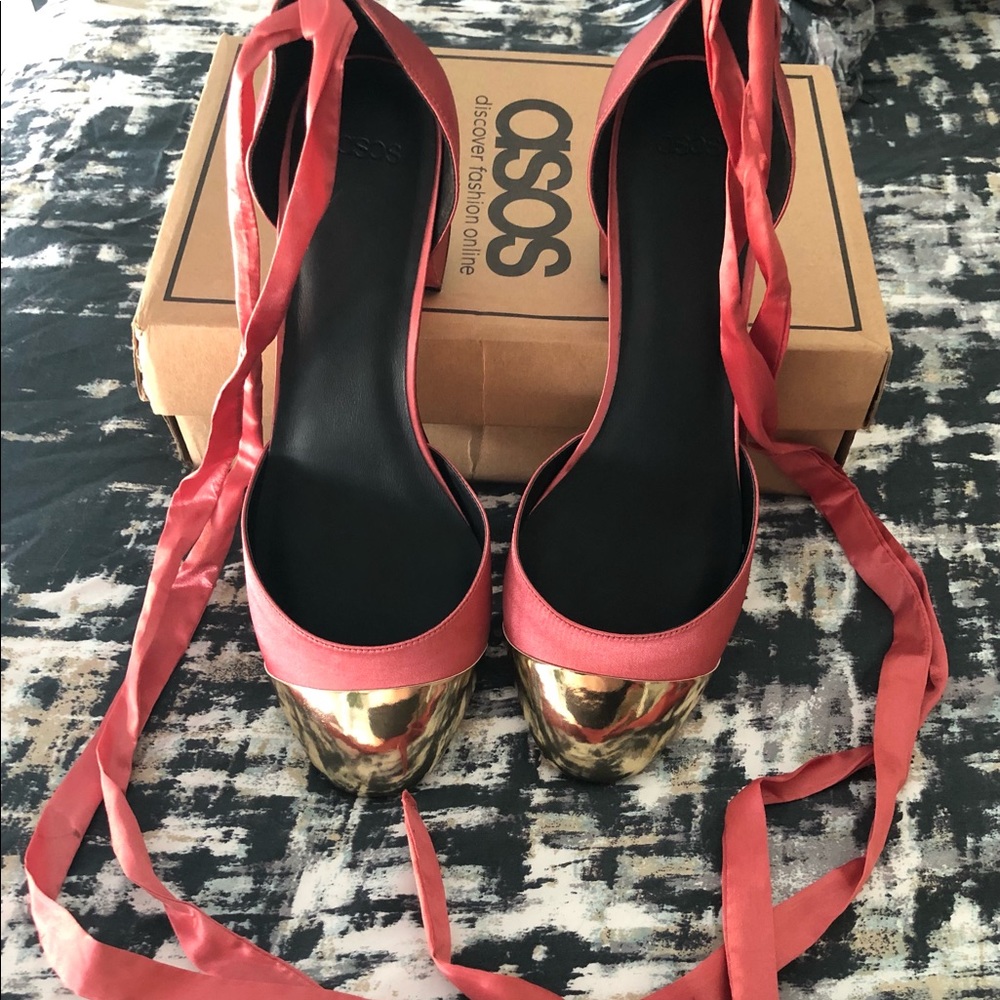 Satin Ankle-ribbon Heels, gold toecap (wide width)